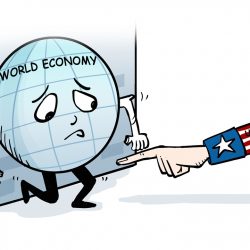 Americký ekonomický nátlak na svet v predstave čínskeho karikaturistu