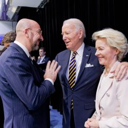 Vilnius, Lithuania -  July 12, 2023.NATO Summit 2023.EU Council President Charles Michel, US President Joe Biden and the President of the European Commission Ursula von der Leyen,Image: 788883112, License: Rights-managed, Restrictions: * France, Germany and Italy Rights Out *, Model Release: no, Credit line: Profimedia