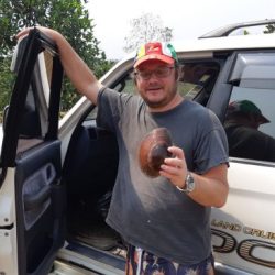 Člen korešpondent Ruskej akadémie vied Ivan Bolotov predvádza lastúru mäkkýšov druhu Sinanodonta pacificа (Mjanmarsko, 2020)