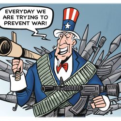 „Dennodenne sa snažíme zabrániť vojne,“ tvrdí po zuby ozbrojený Strýko Sam. Ilustračný obrázok z čínskeho denníka Global Times