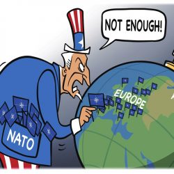 Expanzia NATO k ruským hraniciam alebo Strýko Sam stále nemá dosť (karikatúra z čínskeho Global Times)