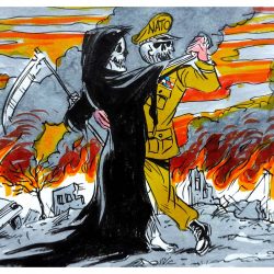 NATO tancuje so smrtkou. V pozadí je skaza na Ukrajine (kresba z čínskeho Global Times) NATO tancuje so smrtkou. V pozadí je skaza na Ukrajine (kresba z čínskeho Global Times)