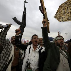 Houthi supporters shout slogans during a protest against the 'terrorist' designation of the Houthis by the US government, in Sana'a, Yemen, 19 January 2024. Thousands of supporters of Yemen's Houthis massed in the Al-Sabeen square in Sana'a to protest the US designation of the Houthis as a global terror group and condemn the recent US-led bombing of Houthis-controlled positions in northern Yemen. Top Houthi leader Abdul-Malik al-Houthi has vowed to keep up attacks by his movement's forces on ships in the Red Sea and the Gulf of Aden, with the aim of ending the Israeli bombardment of the Gaza Strip, and in response to US-led retaliatory strikes. The US Department of State on 17 January announced the designation of Yemen's Houthis as a 'Specially Designated Global Terrorist group' amid an escalation of their attacks on shipping lanes in the Red Sea, the Bab al-Mandab Strait, and the Gulf of Aden since November 2023. The US Department of Defense announced in December 2023 a multinational operation to safeguard trade and protect ships in the Red Sea amid the recent escalation in Houthi attacks.,Image: 838779901, License: Rights-managed, Restrictions: , Model Release: no, Credit line: Profimedia