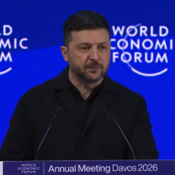 Ukrajinský prezident Volodymyr Zelenskyj počas prejavu na Svetovom ekonomickom fóre v Davose 22. januára 2026