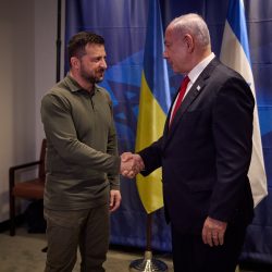 September 20, 2023, New York, New York, USA: Ukrainian President VOLODYMYR ZELENSKY, left, shakes hands with Israeli Prime Minister BENJAMIN NETANYAHU, right, prior to the start of their bilateral meeting, at the United Nations headquarters.,Image: 806950758, License: Rights-managed, Restrictions: , Model Release: no, Pictured: Zelensky Volodymyr, Credit line: Profimedia